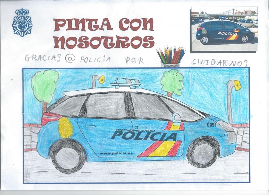 Ficha de Pinta con Nosotros de un coche de policía coloreado.